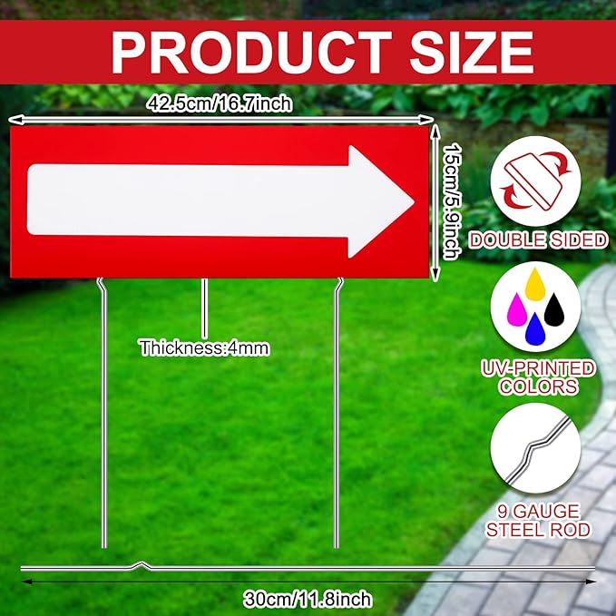6 Pcs 17 x 6 Inch Arrow Yard Sign Red Corrugated Plastic This Way Decor Double Sided Directional Stake with 12 Inch Sturdy Metal Stakes for Outdoor Lawn Garden Ground Decorations