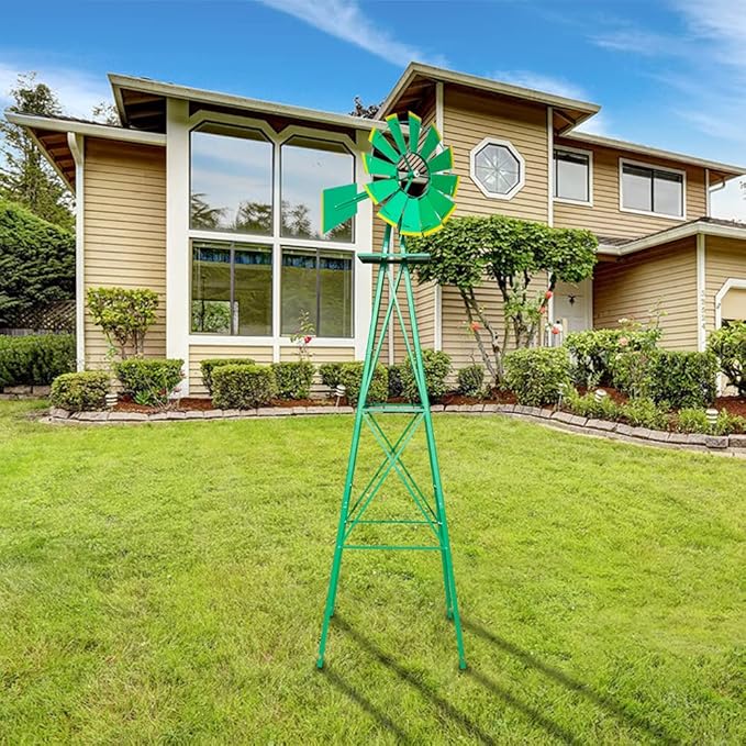 VINGLI 8FT Ornamental Windmill Backyard Garden Decoration Weather Vane, Heavy Duty Metal Wind Mill w/ 4 Legs Design (Green, 8, Feet, 21.6, Inches, 8.00, Feet, 25.98, Inches, 25.98, Inches)