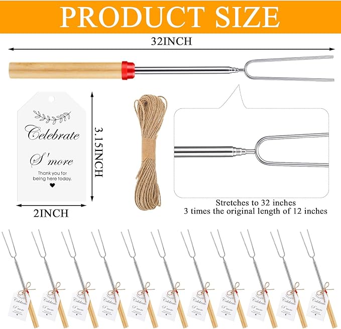 24 Sets S'mores Sticks Kit Extendable Roasting Cotton Candy Sticks for Fire Pit Camp Bachelorette Decorations One Happy Camper Birthday Party Favor for Wedding Camping Campfire Bonfire Supplies