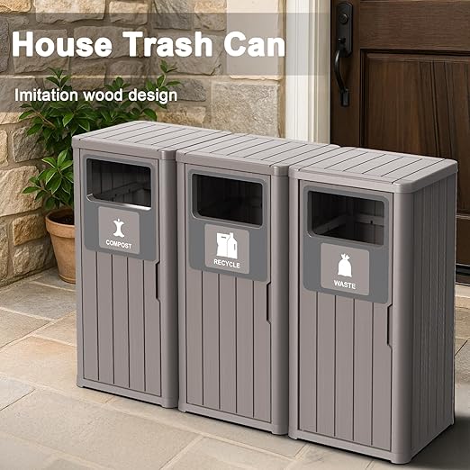 Outdoor Three Barrel Trash Can,Waterproof Resin Garbage Can with Garbage Labels,Durable Waste Bin for Porch, Backyard,Kitchen,for 30 to 39 Gallon Trash Bags