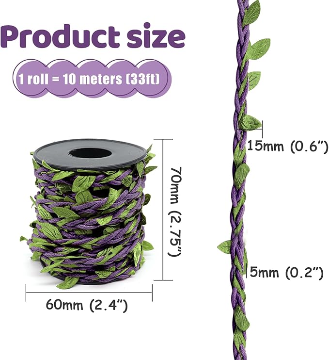 33ft Waxed Twine with Green Leaves, 3-ply Waxed Cord, Artificial Leaves Waxed String for Crafts and Decor (Dark Purple Waxed Twine)