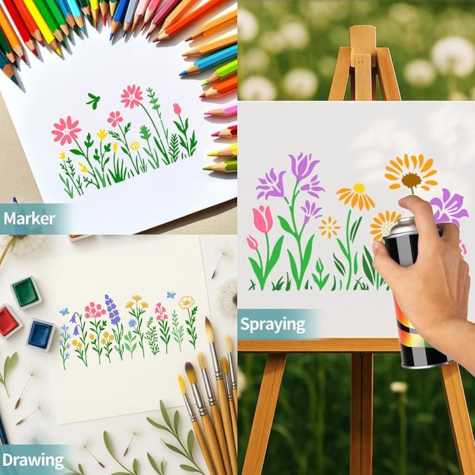 16PCS Large Flower Stencils for Painting on Walls Wildflower Stencils with Brushes Floral Spray Paint Stencil Reusable Drawing Template for Walls Garden Fence Furniture Fabric Card