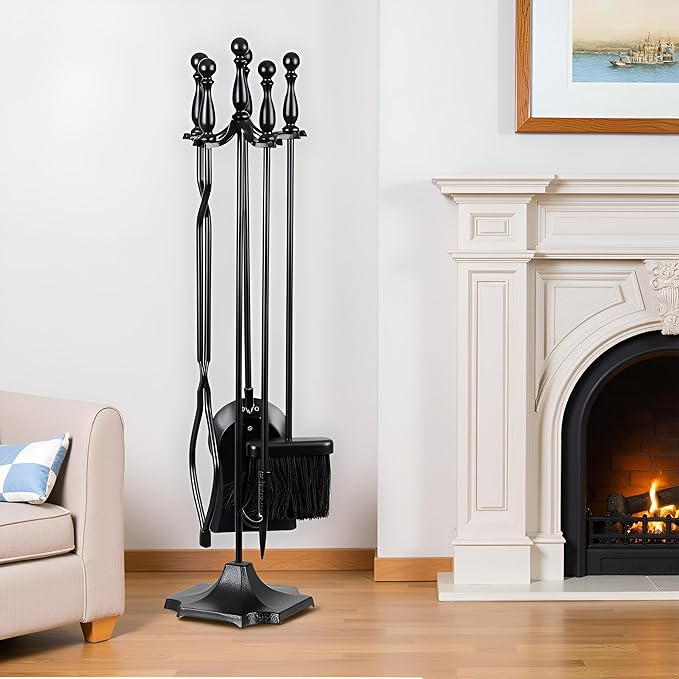 F2C 5 Pieces Fireplace Tools Sets Indoor Outdoor Wrought Iron Large Fire Place Set Tools, Fire Pit Tools，Includes Brush, Shovel, Tongs, Poker, Grabber