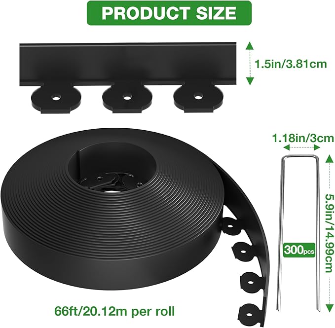 200ft,1.5in Tall Landscape Edging Kit with 300 Metal Spikes, Not Digging Flexible Plastic Edge Border for Landscaping, Lawn,Garden,Flower Beds,Yard,Paver,Playground, Fence,Pathway,3pack, 66.7ft Each