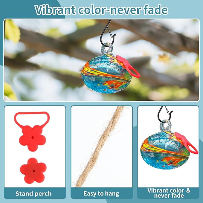 Small Hummingbird Feeders for Outdoors Hanging,Hand-Blown Glass Hummingbird Feeder with Silicone Feeding Perch,Never Leak,Gardening Gifts for Woman Man(Blue)