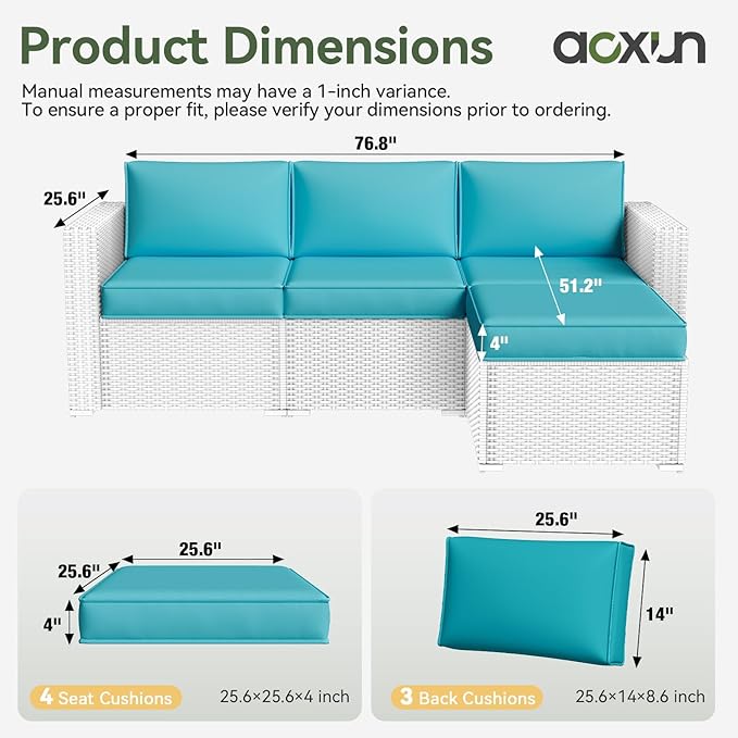 Aoxun 26" x 26" Patio Furniture Cushions for Outdoor Furniture Set of 4, Thick Replacement Patio Couch Cushions for Outdoor Furniture, 7-Piece Splashproof Fade Resistant Outdoor Couch Cushions, Blue