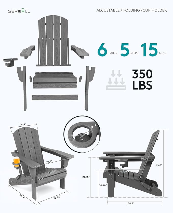 SERWALL Folding Adirondack Chair Set of 6, Adjustable Adirondack Chair with 3 Recline Positions, All Weather HDPE Outdoor Adirondack with Cup Holders, Gray