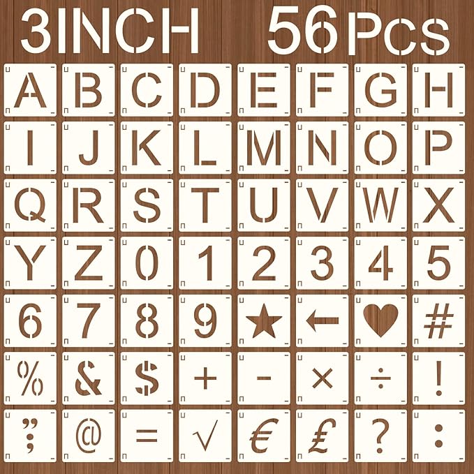 Augshy 3 Inch Letter Stencils Symbol, 56 Pcs Reusable Numbers Craft Stencils Interlocking Templates Kit for Wood Wall, Fabric, Rock Chalkboard, Signage DIY School Art Projects