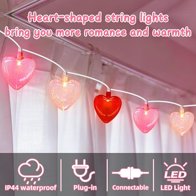 8.5Ft Valentine's Day Decorations Heart Lights String, Valentines Day Lights with 10 LED Red Pink White Heart-shaped with Glitter, Romantic Fairy Light for Valentine Proposal Anniversary Party Decor