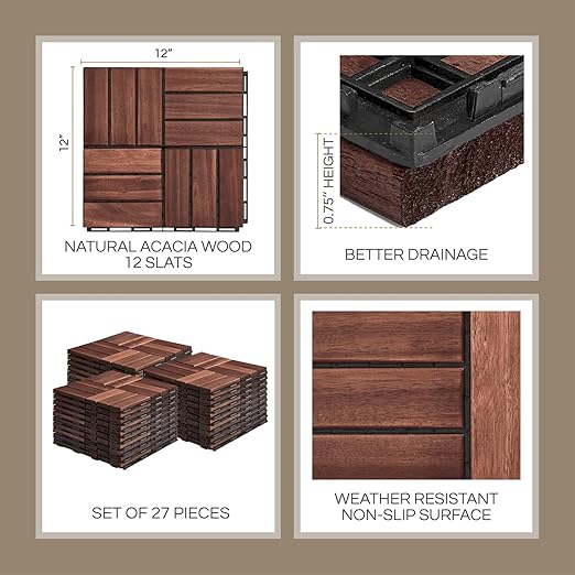 Deck Tiles, Patio Flooring - Outdoor Waterproof Acacia Wood Tiles for All Weather Use - Balcony, Backyard, Indoor & Outdoor (Dark Brown Crossed Pattern, 30 Pcs - 30 Square Ft)
