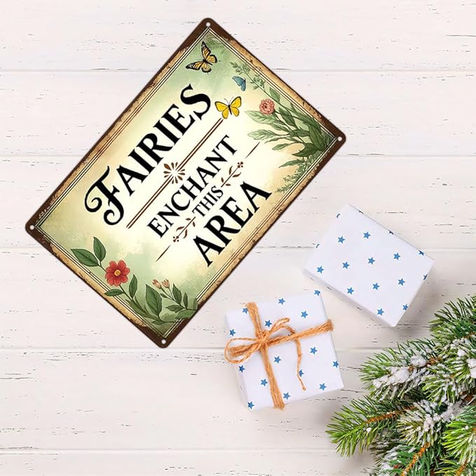 Funnysign Garden Gifts Vintage Fairy Garden Tin Sign – “Fairies Enchant This Area” – Rustic Floral Metal Wall Art for Backyard, Patio, Porch, Greenhouse, or Kids’ Fairy Garden Décor, 8×12 Inch (9817)