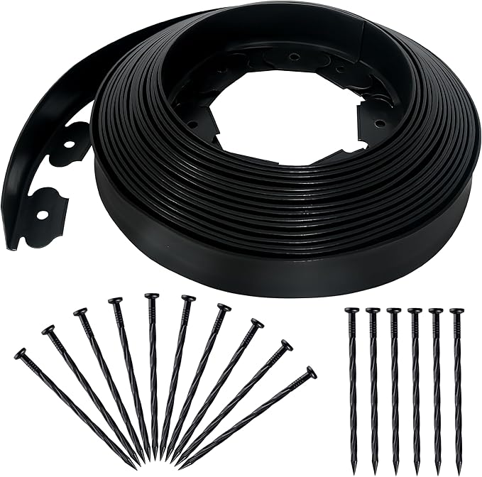 2 Inch x 50FT Landscape Edging Border with 75 Anchoring Spikes, No Dig Garden Border Edging Kit, Plastic Lawn Edging Border for Landscaping Garden Flower Beds Lawn Yard Paver Pathway, Black
