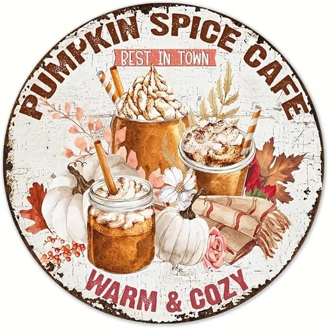 Metal Retro Shell Gasoline Wall Art, Creativity Art Decorations, Garden Sign Outside Decor，Wall Sculpture， Hanging Sculpture for Living Room Dining Room Bedroom Yard Outdoor Decor (Halloween Pumpkin Cafe)