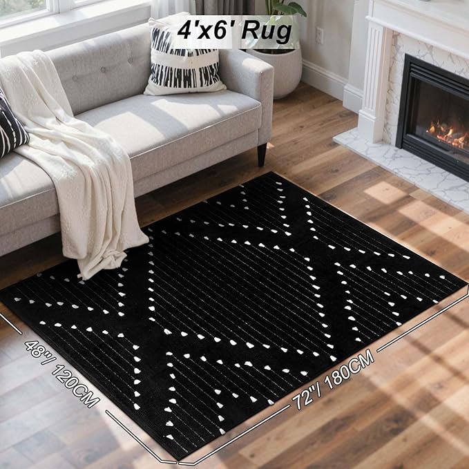LIVEBOX Boho 4x6 Washable Rug for Bedroom,Black and White Living Room Rugs, Moroccan Cotton Woven Indoor Carpet,Large Throw Area Rug for Entryway Dining Room Porch