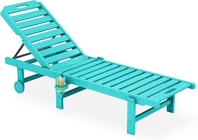 SERWALL Patio Chaise Lounge Chair, HDPE Outdoor Lounge Chair with Cup Holder, 5 Positions Adjustable Poly Lounger with Rolling Wheels for Poolside, Deck, Sunbathing, Aruba
