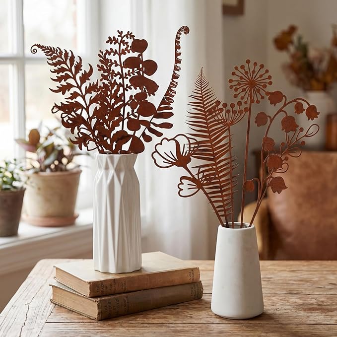 12 Pack Rusty Metal Garden Stakes, Rustic Garden Decor Decorative Metal Wildflower for Outside Plants Stakes Iron Art Outdoor for Lawn Yard Walkway