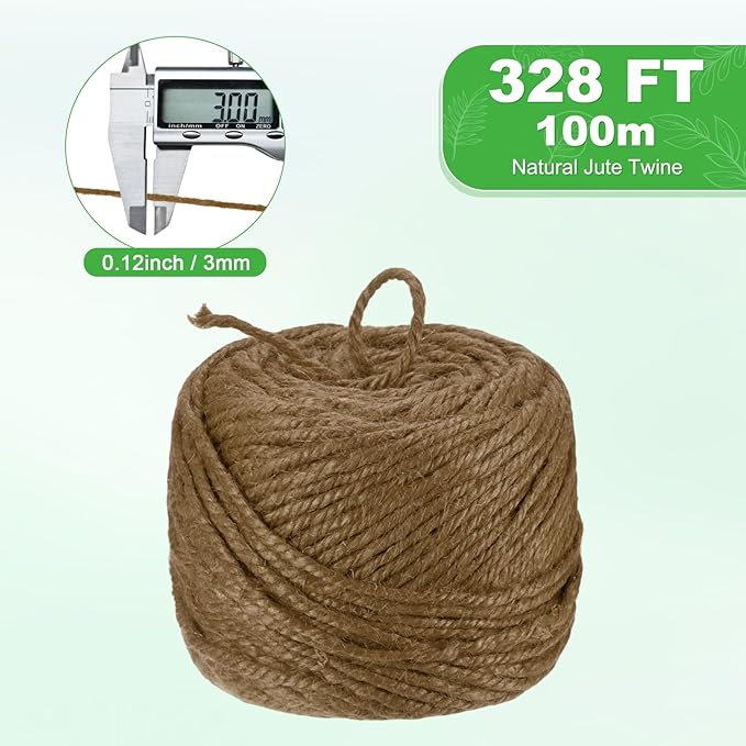 1-Pack Natural Jute Twine String, 3mm x 328ft/100m Long Garden Twine Balls for Crafts/Gift Wrapping/Gardening Plants, Durable Plant Ties Thick Rope [Dark Brown]