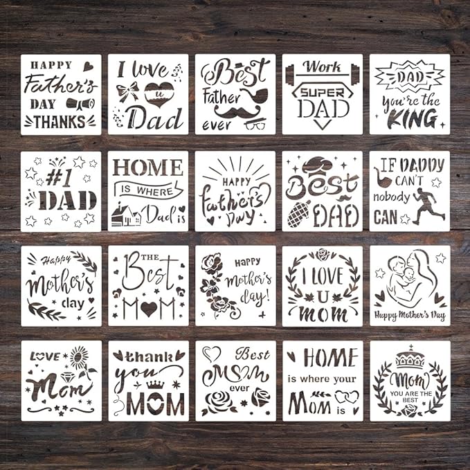 20 pcs Mother's Day Stencils Reusable, 6x6 Mother's Day Father's Day Theme Stencils for Painting, Drawing Spraying Template for Greeting Cards, Wall Window Door DIY Decoration (H-20PCS)