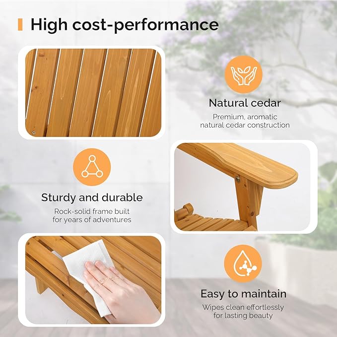 VINGLI Folding Adirondack Chair, Wood Adirondack Chairs for Outdoor, Foldable Fire Pit Chairs for Patio, BBQ, Porch, Yard, Pool