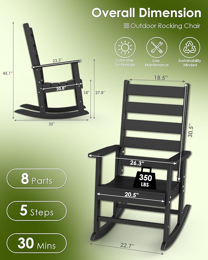 GREENVINES Outdoor-Rocking-Chairs-Set-of-4 | HDPE Plastic | Patio Rockers | Porch Rocker Chair | Shaker | Oversized | High Ladder Back | Big & Tall | PentaLuxe | Black