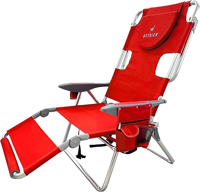 Ostrich Deltess 3N1 Portable Tanning Chair, Reclining Outdoor Lounger, and Cooler Bag, Lightweight and Adjustable, Red