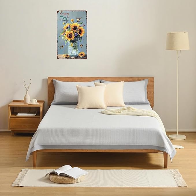Enjoy The Little Things Sunflowers And Hummingbird Metal Sign Vintage Tin Sign Funny Wall Decor for Garden Kitchen Backyard Bedroom Home 12×8 Inch