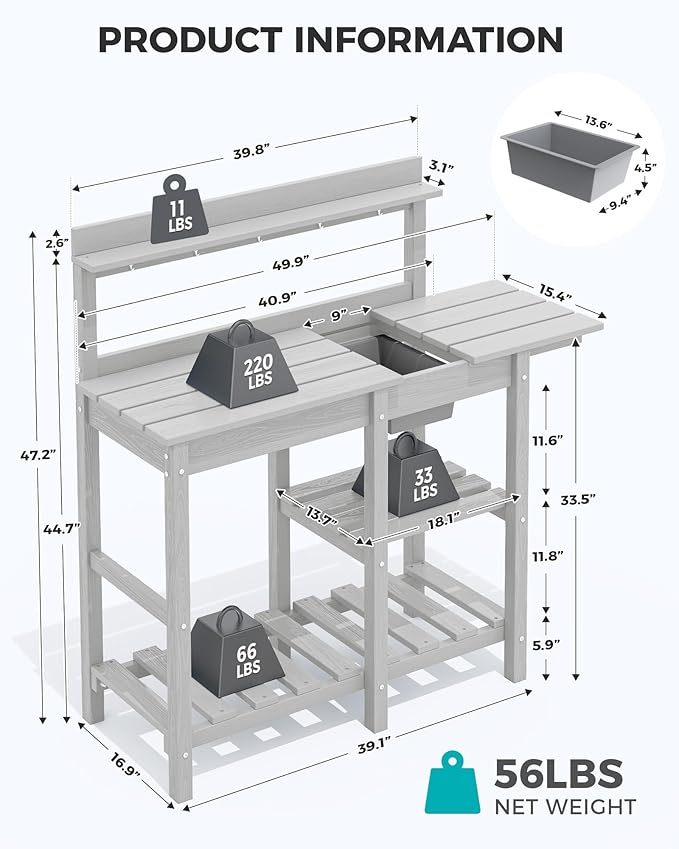 SERWALL Outdoor Potting Bench 2-Piece Set, Rot-Resistant HDPE Potting Table with Removable Sink for Outside Gardening, All-Weather Use - Spanish Gray