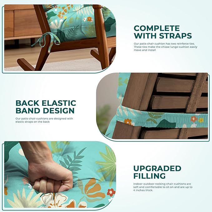 2 Pack Adirondack Chair Cushion Waterproof Indoor Outdoor Rocking Chair Cushion 44 Inches Patio High Back Chair Cushions Thickened Adirondack Rocking Chair Cushions with Ties, Cyan Flower Leaves
