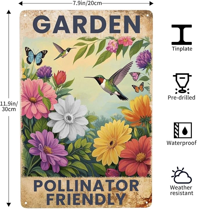 Garden Signs Pollinator Friendly Metal Tin Signs Flowers Signs 8x12 Inch Outdoor Wall Decor
