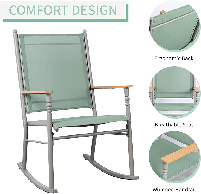 JY QAQA Outdoor Rocking Chair Set of 2, High Back All-Weather Patio Rocking Chairs with Breathable Back Rest for Adult, Ergonomic Design Porch Chairs for Porch, Garden, Balcony, Pool, Green