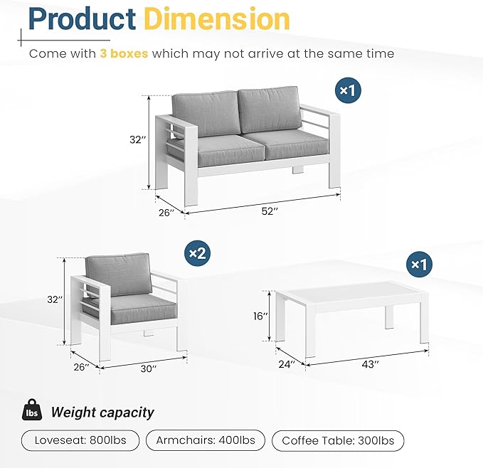 Wisteria Lane Aluminum Patio Furniture Set for All Weather, Oversized Metal Outdoor Furniture Set with 27.5" Deep Seat and 10" Back Cushion, Patio Conversation Sets with Wide armrest, White