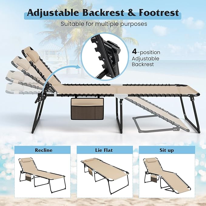 GYMAX Lounge Chair for Outside, 440lbs 27” Oversize Folding Beach Tanning Sunbath Chair with Adjustable Backrest & Removable Pillow, Lightweight Portable Patio Lounger for Lawn Poolside (Sand,1)