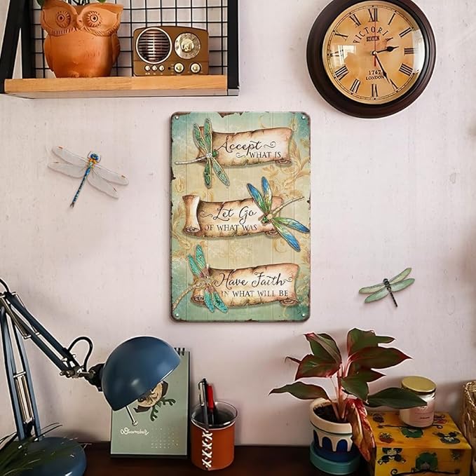 YOYI ART Metal Dragonfly Tin Sign - Accept What Is, Let Go Of What Was, Have Faith In What Will Be, Vintage Signs for Home, Bedroom, Garden, Patio and Yard Wall Decor Art, Gift for Women, 8 x 12 inch