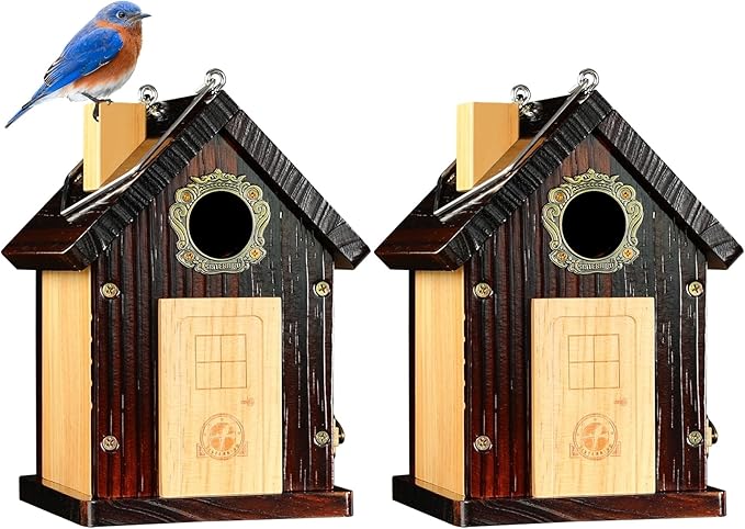 Pack of 2 Premium Bluebird Houses for Outside, All Seaons Bird Houses for Outside, Wooden Cabin Birdhouses for Outdoors, Weatherproof Courtyard Decorated Hanging Bird House