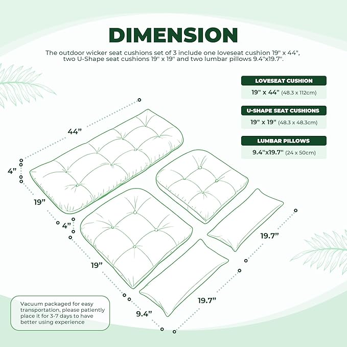 Wicker Chair Cushions of 5 Pieces, Waterproof Outdoor Loveseat Cushion for Wicker Furniture, 1 Love Seat Cushion, 2 U-Shape and 2 Lumbar Pillows for Patio Furniture (Green Flower)