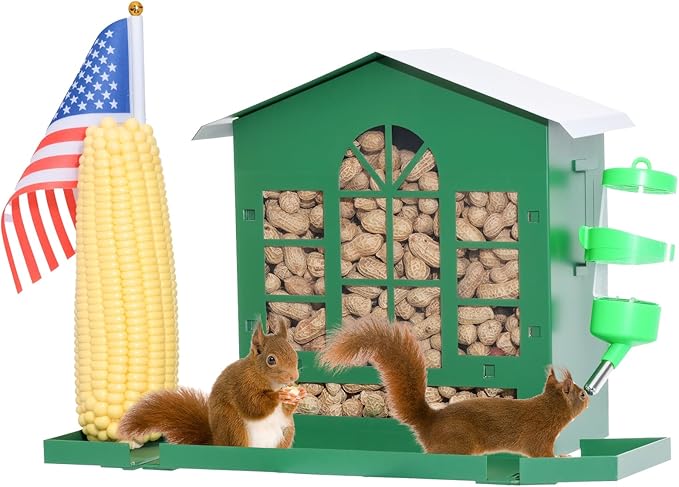 Squirrel Feeder,Metal Squirrel Feeder for Outside,with Water Bottle, Flag and Corn Cobs Holder,Outdoors Chipmunk &Squirrel Picnic Bench Feeders Table,Easy to Install & Refill