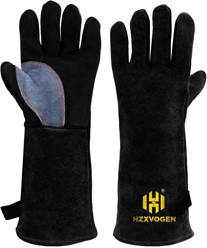 H HZXVOGEN Welding Gloves Fireplace Gloves Fire Heat Resistant 932℉ Fireproof Leather Mitts for Stove BBQ Grill Oven MIG TIG