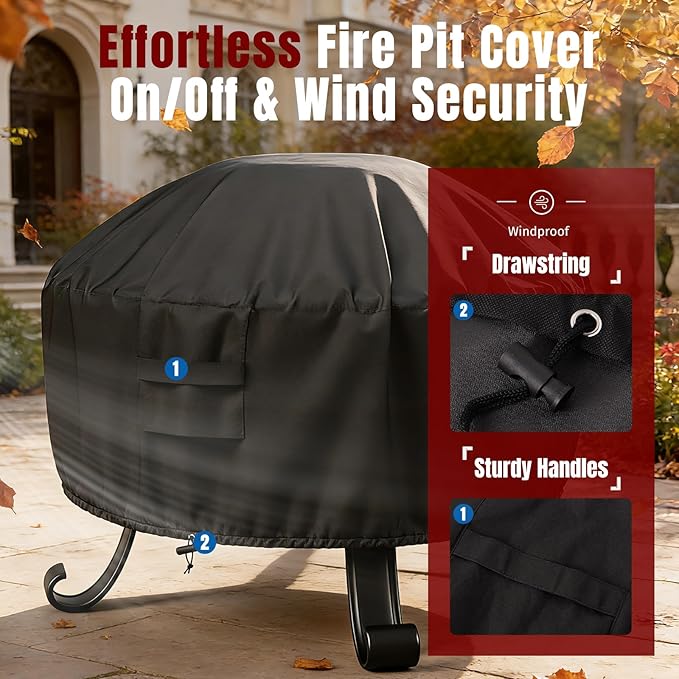 SHINESTAR Fire Pit Cover Round, Fits for 32-36 Inch Fire Pit Table, 600D Heavy Duty Fabric, Waterproof and Windproof, 36" D x 20" H, Black