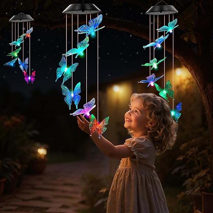 Blue Butterfly Solar Wind Chimes Color Changing Lights Outdoor, Best Gifts for Mom Grandma Women Wife Aunt Daughter Sister, Unique Mobile Wind Chime, Gardening Yard Decorations