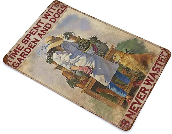 Metal Tin Vintage Sign Gardening Metal Poster Time Spent with Garden and Dogs is Never Wasted Art Print, Lovely Girl and Dogs Garden Wall Decor Vintage Aluminum Sign 12x8 inhces