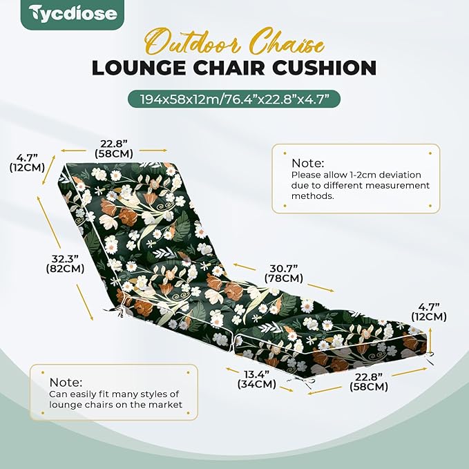 Outdoor Chaise Lounge Chair Cushion, Waterproof Non-Slip Patio Chaise Lounge Cushions for Outdoor Furniture, Thickened Patio Pool Lounge Chair Cushion, 76.4 x 22.8 x 4.7 Inches, Green Floral