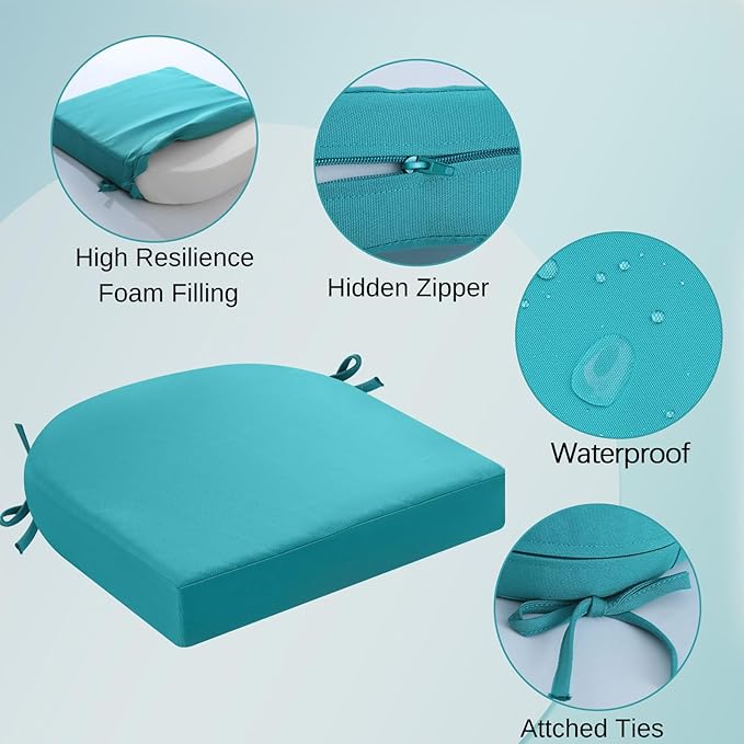 idee-home Outdoor Chair Cushions Set of 4, Thick 19" x 19" x 3" Outdoor Seat Cushions Patio Furniture Waterproof with Ties, Dining Pads