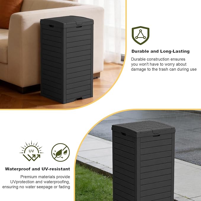 38 Gallon Outdoor Trash Can with lid,Waterproof,UV-Resistant Resin Garbage Can,Lockable Lid and Drip Tray,Trash Bin for Patio,Kitchen, Backyard and Deck(Black)
