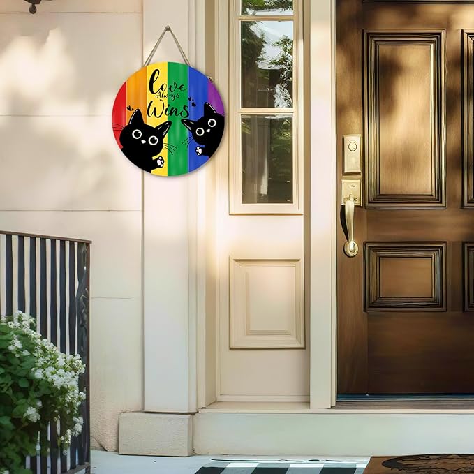 Gay Pride Love Always Wins Front Door Sign Rainbow LGBTQ Black Cat Lesbian Pansexual Wooden Door Hanger Outdoor Indoor Porch Signs Decor Pride Month Indoor Wall Hanging Decoration