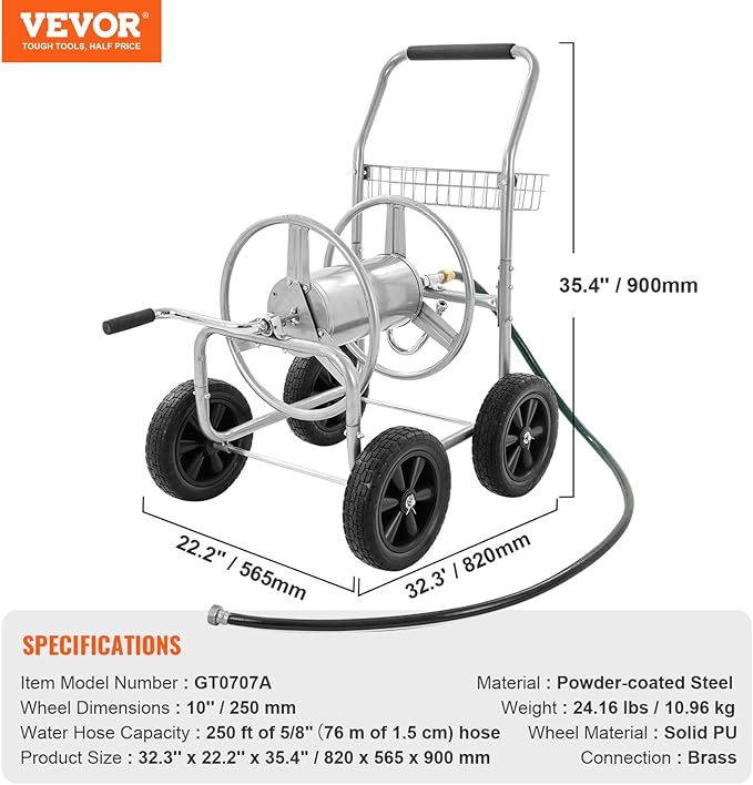 VEVOR Hose Reel Cart, Hold Up to 250 ft of 5/8’’ Hose, Garden Water Hose Carts Mobile Tools with 4 Wheels, Heavy Duty Powder-Coated Steel Outdoor Planting with Storage Basket, for Garden, Yard, Lawn