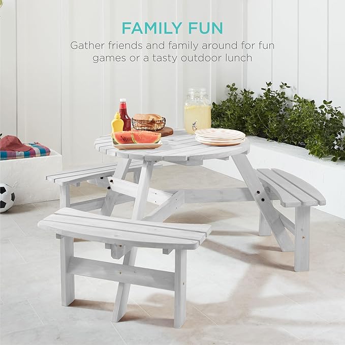 Best Choice Products 6-Person Circular Outdoor Wooden Picnic Table for Patio, Backyard, Garden, DIY w/ 3 Built-in Benches, 500lb Capacity - White