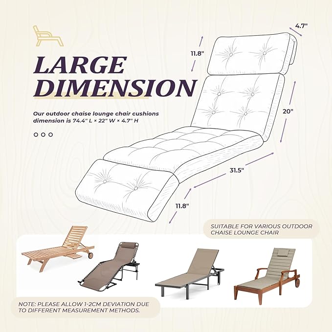 Waterproof Long Lounger Chair Cushion Outdoor Chaise Lounge Chair Cushionswith Ties, Patio Recliner Thickened Lounge Chair Cushions for Indoor 74.4 x 22 x 4.7 Inches, Black (Purple)