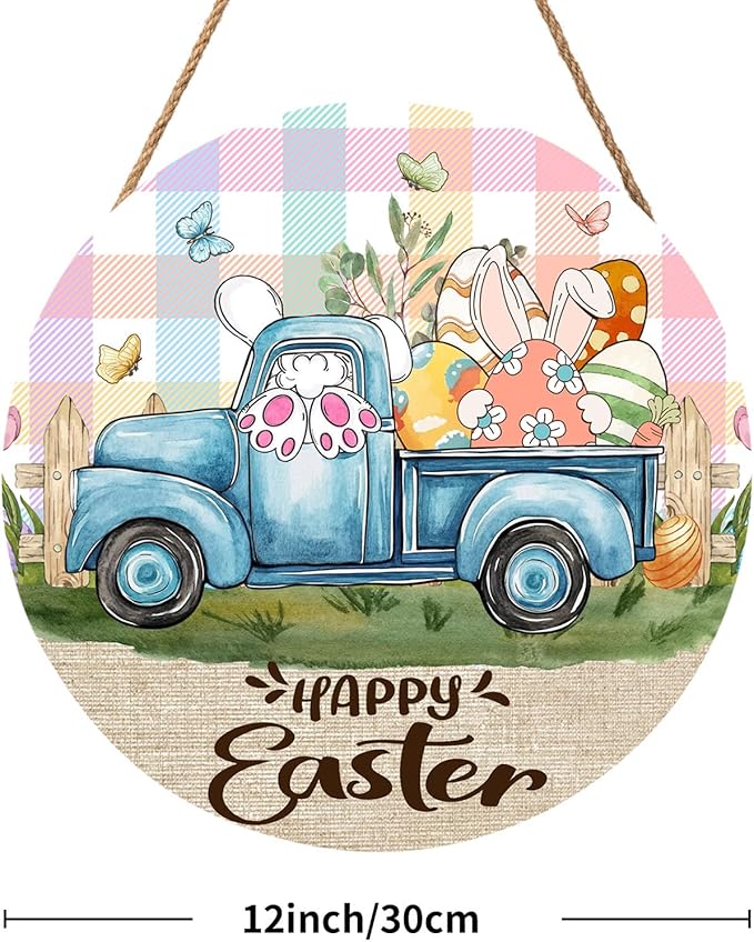 Happy Easter Blue Truck Door Sign For Front Door Decor,Bunny Rabbit Eggs Butterflies Wooden Sign 12"x 12" Round Colorful Plaid Check Hanging Door Sign Decoration for Wall Rustic Decor