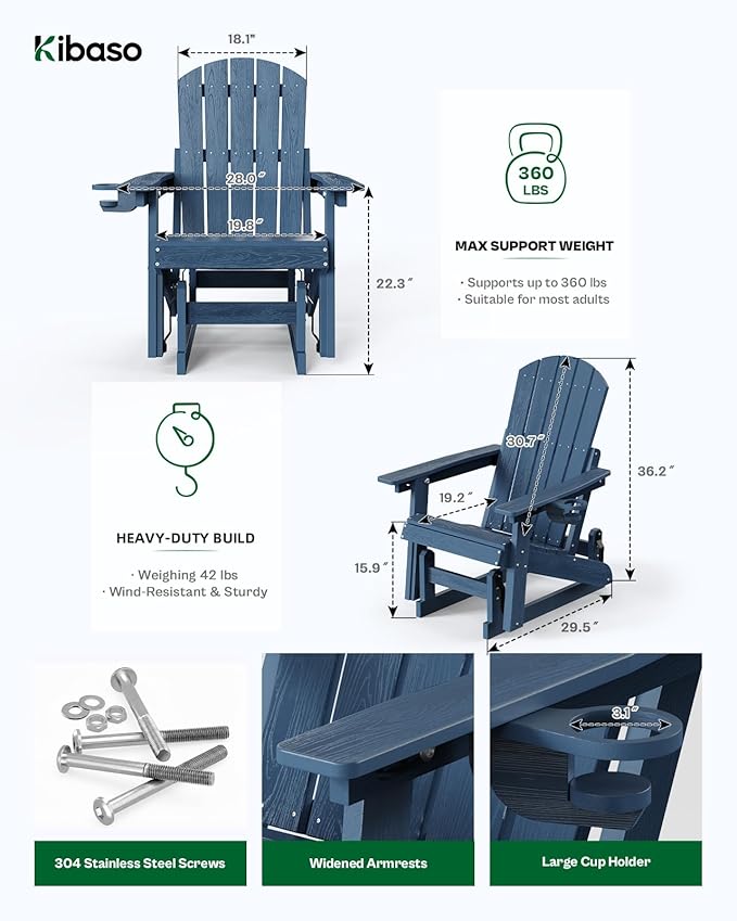 3-Position Adjustable Adirondack Chair with Cup Holder, HDPE All-Weather Outdoor Glider Chair, Wood-Grain Fire Pit Chairs for Pool, Yard, Deck (Blue)