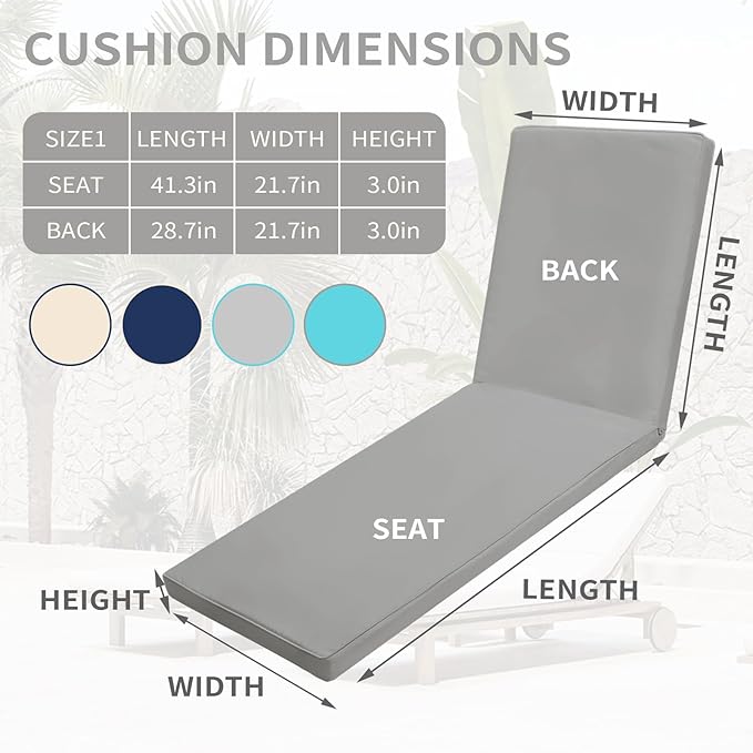 Outdoor Chaise Lounge Cushions for Patio, 71"x22"x3" Lounge Chair Cushions Set of 2, Waterproof Replacement Seat Pad for Outdoor Furniture (Grey, 2 Pcs)
